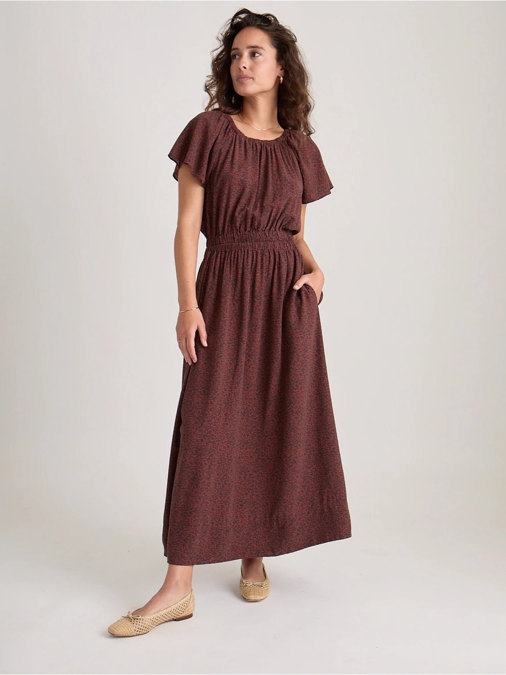 Marine Layer Charlotte Midi Dress Deep Cheetah Open Back Flutter Sleeves Printed